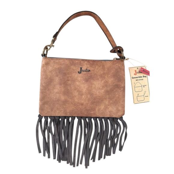 NWT! Justin Turquoise Western Fringe Convertible Mini Shoulder Wristlet Bag - Picture 3 of 6